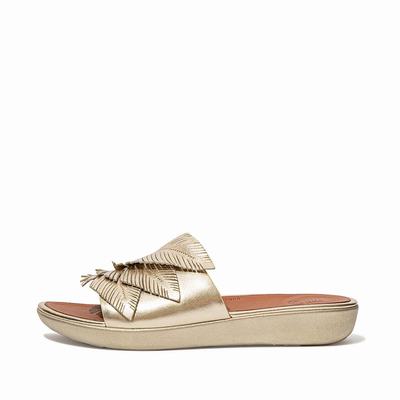 Fitflop Women's SOLA Feather Metallic Leather Slides Sandals - Brown/Gold, OL6241785
